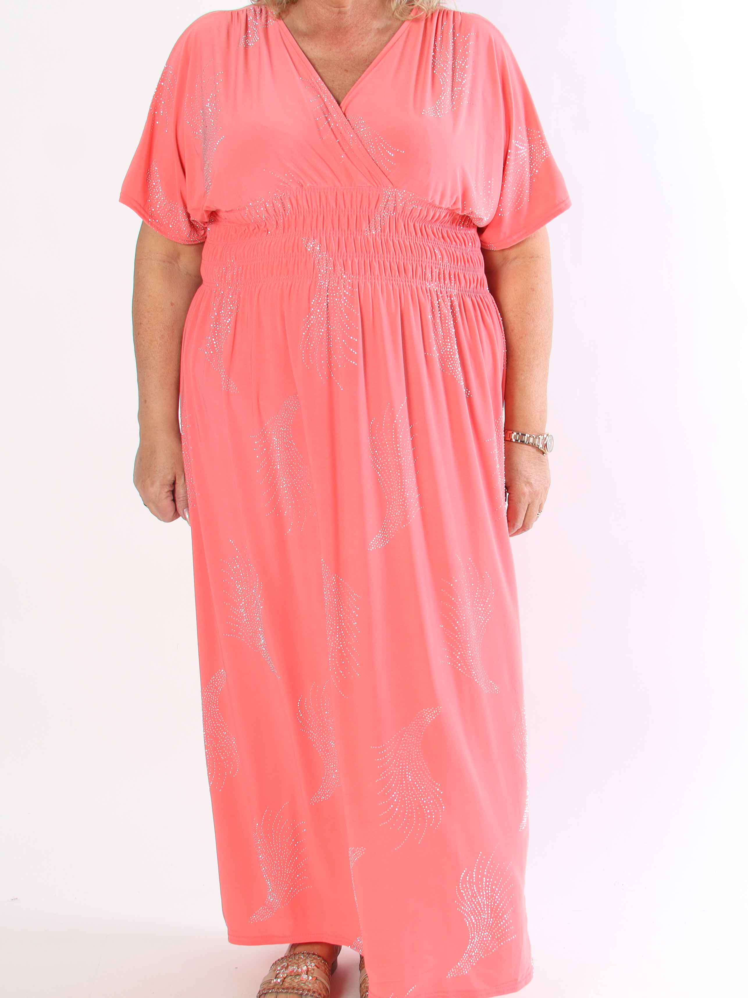 Pams Leaf Crystal - Lang elastisk plus size kjole med mønster af similisten